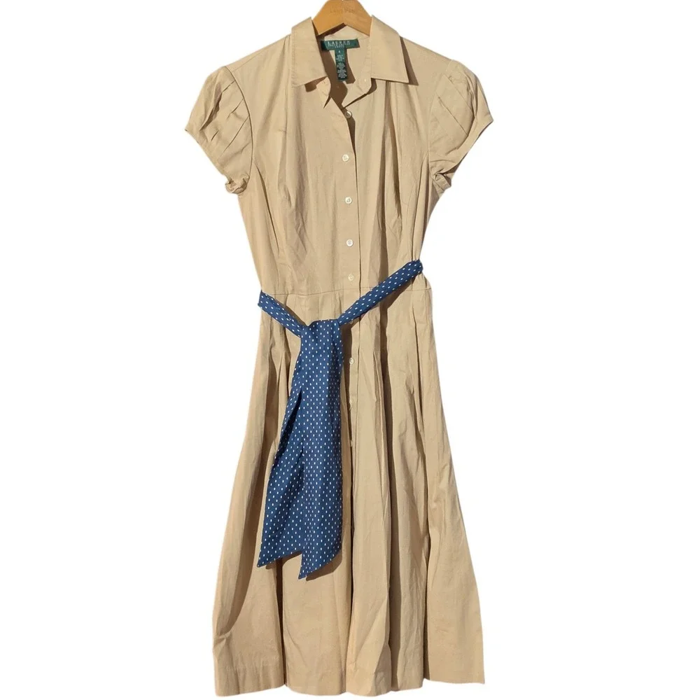 Lauren Ralph Lauren Women 4 Shirt Dress Tan Pleated Cap Sleeve Safari Belt